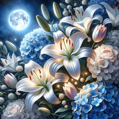 The primary subject of the image is a beautiful bouquet of flowers, predominantly featuring white and blue flowers. The setting is a nighttime scene with a moon in the background, creating a serene and peaceful atmosphere. The visual style is a digital art or illustration, showcasing the intricate details and colors of the flowers. The colors and mood of the image are predominantly white and blue, with a touch of pink, giving the impression of a calm and tranquil night.